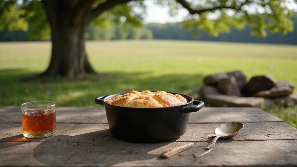 peach cobbler in dutch oven